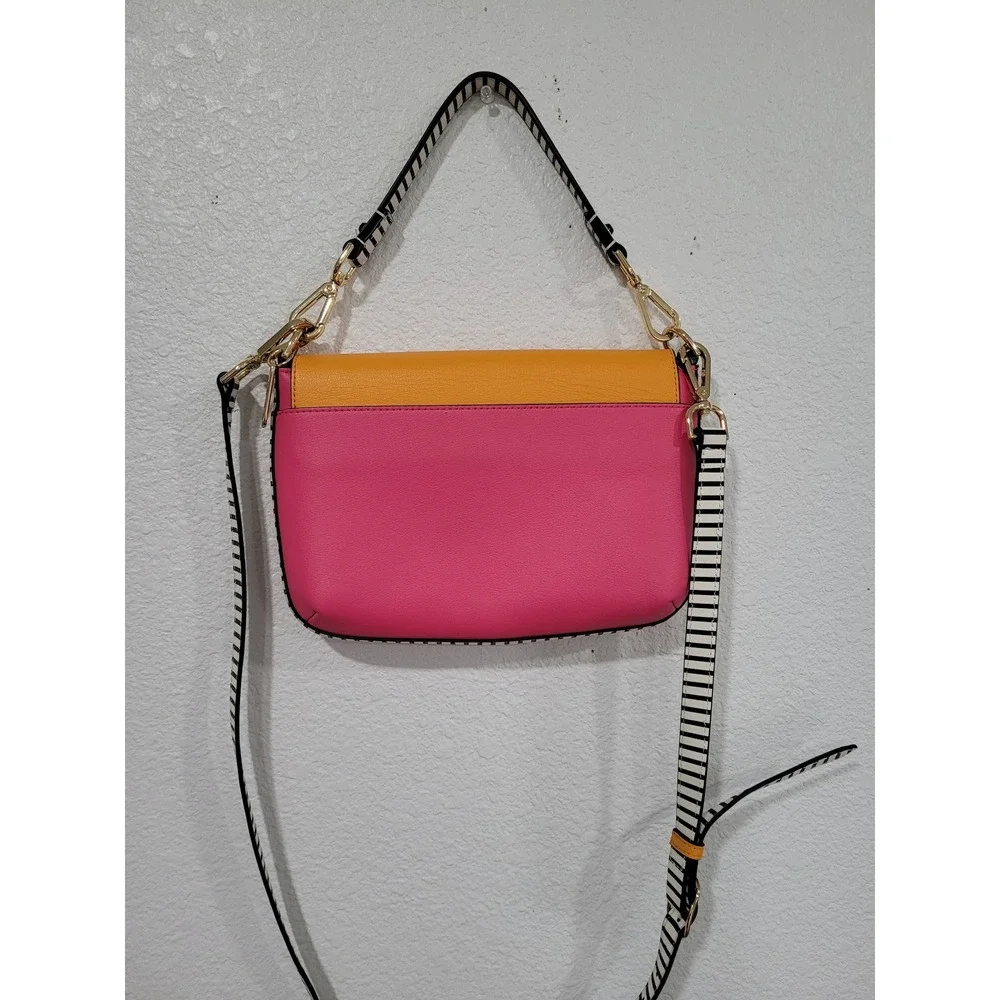 LDT Pink Orange Colorblock Leather Crossbody‎ Bag Striped Strap Purse Handbag #5